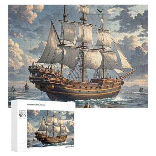 Puzzle, 500 Teile, herausforderndes nautisches Segel-Puzzle, Piratenschiff, lustiges Puzzle, Holzpuzzle für Erwachsene und Familien von RTFGHJS