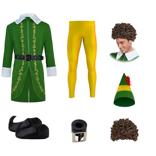 Elfenkostüm Buddy The Elf Kostüm Weihnachten Cosplay Kostüme Mantel Gürtel Hose Hut Komplettes Set (2X-Large) von RTOPDS