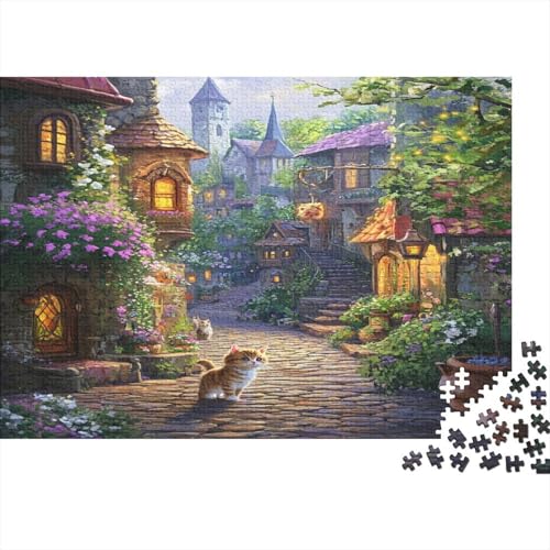 Flower Town and Orange Cat 1000 Stück Holzpuzzles Stress Abbauen Cartoon Town Handgefertigte DIY-Anpassung Geburtstag Geschenke Familiendekorationen 1000pcs (75x50cm) von RTTGKMYPL