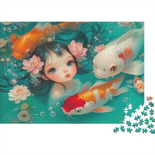 Koi und Mädchen 1000 Stück Holzpuzzles Kniffel Spaß Für Die Ganze Familie Schönes Mädchen Handgefertigte DIY-Anpassung Puzzle-Geschenk Familiendekorationen 1000pcs (75x50cm) von RTTGKMYPL