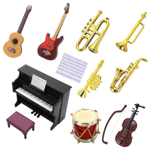 RTUHCSP 12 Pcs Mini Musikinstrument Modell, Miniatur Puppenhaus Set, Puppenhaus Zubehör 1:12 Klavier Violine e-Gitarre Trompete Saxophon Für Puppenhaus Deko Mini Haus Musikzimmer von RTUHCSP