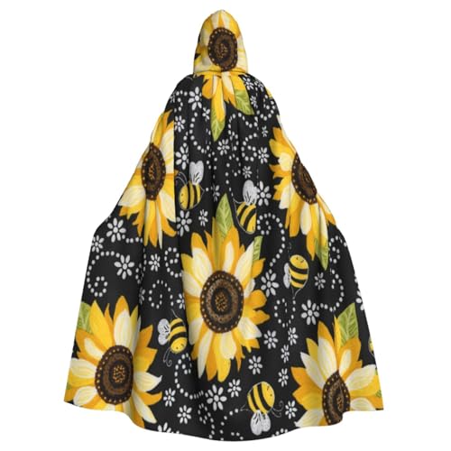 RUBANBZG Kapuzenumhang für Herren und Damen, Sonnenblumen-Druck, Halloween, Kapuzenumhang, Erwachsenenkostüm, Party, Einheitsgröße, 147 cm von RUBANBZG