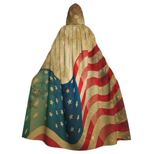 RUBANBZG Kapuzenumhang für Herren und Damen, Vintage-amerikanische Flagge, 4. Juli, USA-Druck, Halloween, Kapuzenumhang, Erwachsenenkostüm, Party, Einheitsgröße, 147 cm von RUBANBZG