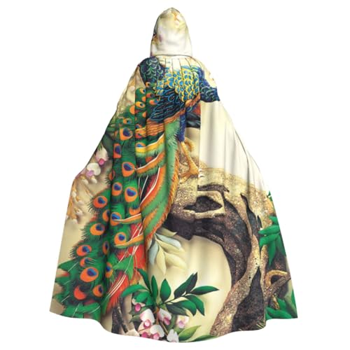 RUBANBZG Kapuzenumhang für Herren und Damen, orientalischer Pfau auf Blumenbaum-Druck, Halloween, Kapuzenumhang, Erwachsenenkostüm, Party, Einheitsgröße, 147 cm von RUBANBZG