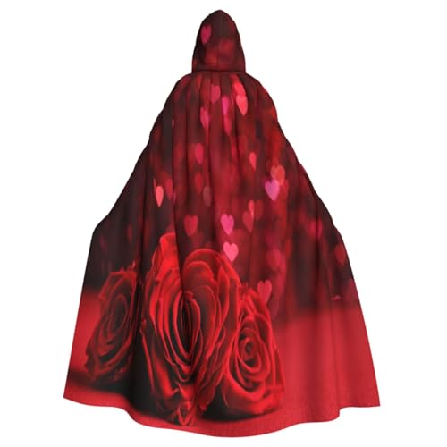 RUBANBZG Kapuzenumhang für Herren und Damen, rotes Herz, Rosen-Druck, Halloween, Kapuzenumhang, Erwachsenenkostüm, Party, Einheitsgröße, 147 cm von RUBANBZG