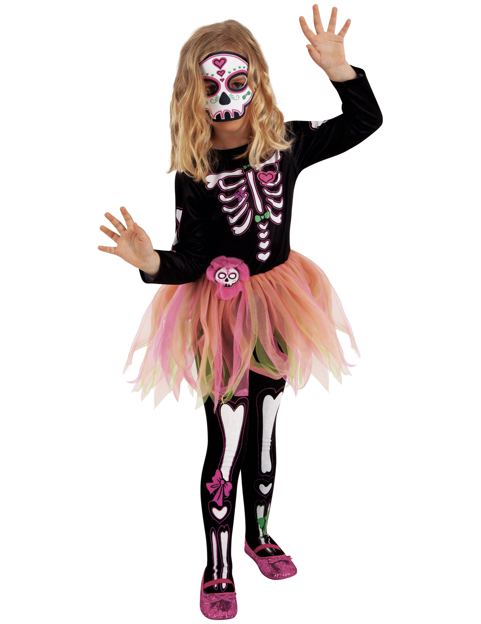 Miss Día de los Muertos-Kostüm für Mädchen Halloweenkostüm schwarz-weiss-pink von RUBIES FRANCE