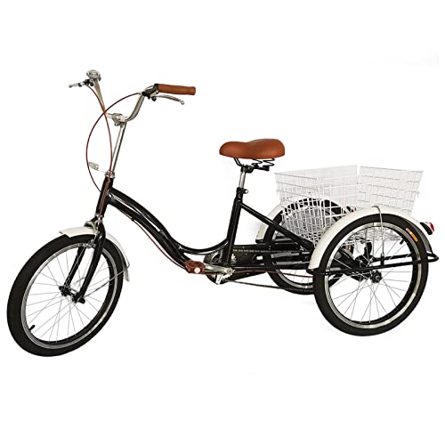 Dreirad für Erwachsene, Lastenfahrrad, 20 Zoll Tricycle for Adults, Verstellbares Sitzkissen, mit Einkaufskorb und Glöckchen, Tragfähigkeit 110kg, für Senioren zum Einkaufen und Spielen von RUETERY