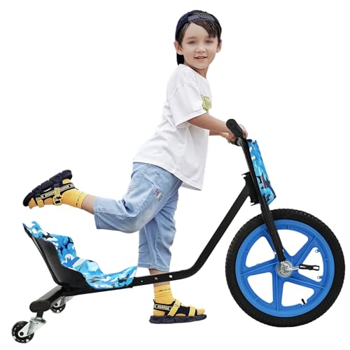 Drift Cart, Drift Trike,16 Zoll Drift Scooter, Drift Bike, Tragfähigkeit 100kg, Verstellbarer Sitz, Hinterrad mit Lichtern, für Kinder ab 6 Jahren, Blau Camouflage von RUETERY