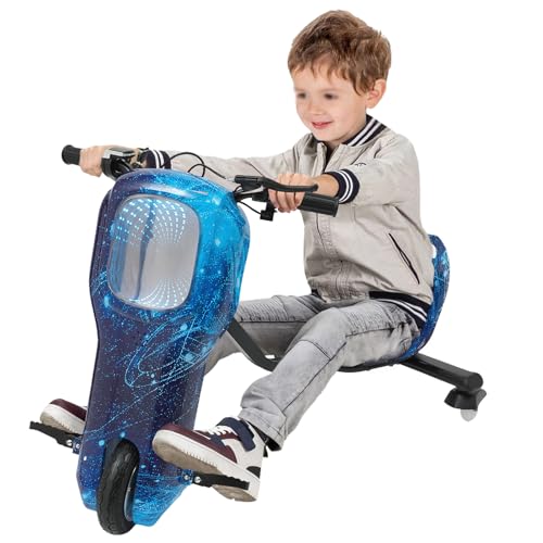 Drift Scooter, 250W Crazy Cart, Kinder Drift Kart, E Scooter Kinder, Verstellbare Karosserie, Tragfähigkeit 100kg, Drift Trike mit LED-Lichtern, 6 Lichtfarben, 3 Geschwindigkeitsstufen, Starry Blue von RUETERY