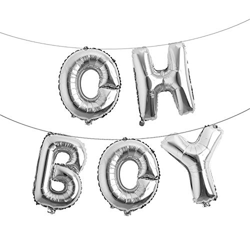 40,6 cm Oh Boy Silberne Luftballons Banner Alphabet Folienbuchstabe Ballon Dekoration mit Seil für Babyparty Geburtstag Party Geschlecht Reveal Party (Oh Boy Silber) von RUIANSI