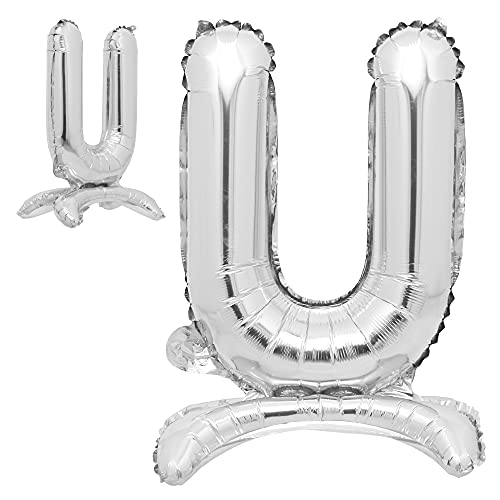 81,3 cm stehende Buchstabenballons Silber Alphabet Zahlen Ballons Folie Mylar-Party Hochzeit Bachelorette Geburtstag Brautparty Abschlussfeier Jubiläum Feier Dekoration (81,3 cm Ständer Silber U) von RUIANSI