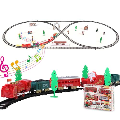 Elektrischer Weihnachtszug für Kinder mit 4 Wagen und Schienen, Eisenbahnbahn, Weihnachtsthema mit Lichtern und Geräuschen, Weihnachtsgeschenk Spiele für Jungen und Mädchen (B) von RUICUBEI