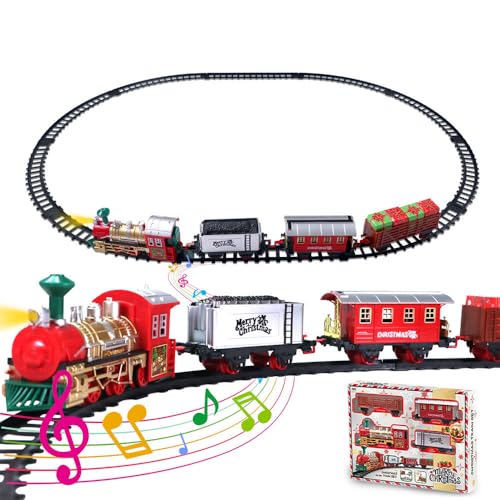 Elektrischer Weihnachtszug für Kinder mit 4 Wagen und Schienen, Eisenbahnstrecke, Weihnachtsthema mit Lichtern und Geräuschen, Weihnachtsgeschenk Spiele für Jungen und Mädchen (C) von RUICUBEI