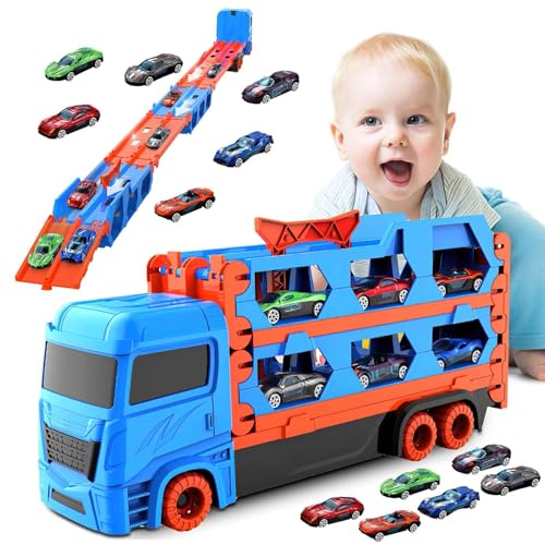 Transport-LKW Spielzeug Auto für Jungen 3-8 Jahre, tragbar, Auto Transport Spielzeug, doppelschichtig, faltbar, mit 6 Rennwagen, Transportwagen, Spielzeug für Kinder (blau) von RUICUBEI