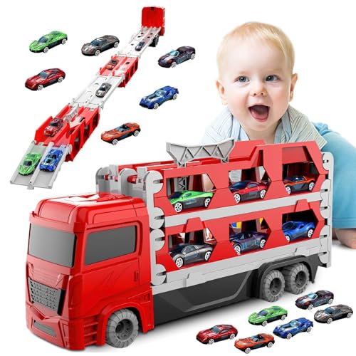 RUICUBEI Transport-LKW Spielzeug Auto für Jungen 3-8 Jahre, tragbar, Auto Transport Spielzeug, doppelschichtig, faltbar, mit 6 Rennwagen, Transportwagen, Spielzeug für Kinder (rot) von RUICUBEI