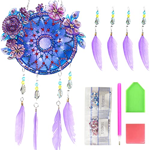 Diamond Painting Traumfänger Bastelset,Windspiele Sonnenfänger Lila Blumen Bastelset Handgemachte Dreamcatcher mit Federn Basteln Mädchen Kinder Erwachsene für Wand Eingang Garten Dekoration Geschenke von RUIJIE