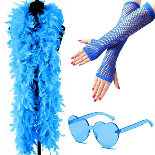 RUIJIE Federboa, 2M Feder Boas mit Herzförmigen Randlosen Sonnenbrillen und Rasterhandschuh, Turkey Feather Boas für Tanzende Hochzeitspartys Cosplay, Kostümparty für Mädchen von RUIJIE