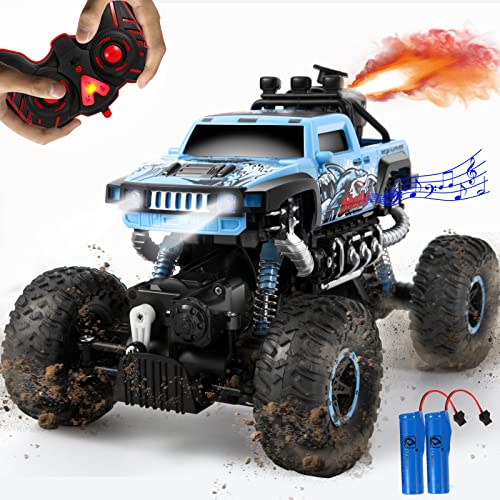 1:16 Ferngesteuertes Auto, 2,4 GHz Geländewagen Monster Truck, 4WD Rock Crawler mit LED-Lichtern und dynamischem Musik-Sprühfahrzeug für Kinder von 8-12 Jahren und Erwachsene von DULANKUN