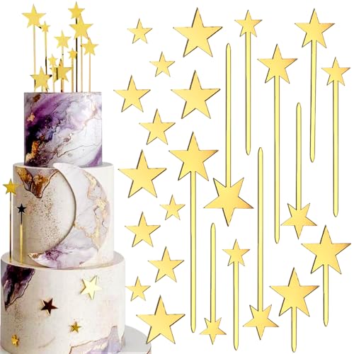 24 Stück Gold Sterne Tortenaufleger Happy Birthday Tortendeko Geburtstag Stern Torten Deko Star Happy Birthday Cake Topper Hochzeit Kuchen Deko Acryl Kuchendeko Kuchendekoration Birthday Cake Toppers von RUIYDZ