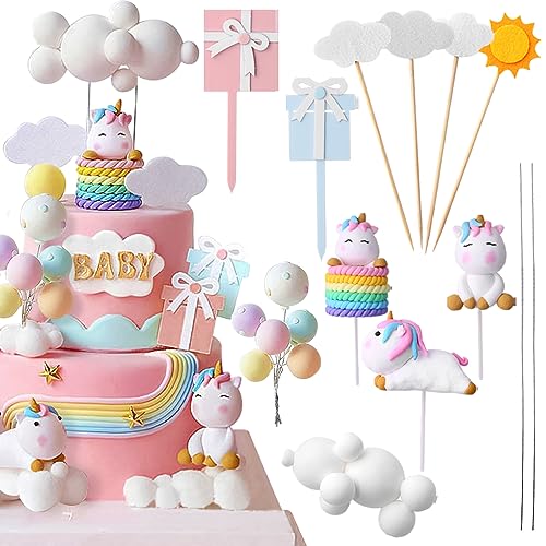 Einhorn Tortenaufleger Einhorn Geburtstagsdeko Mädchen Happy Birthday Tortendeko Geburtstag Jungen Kuchen Deko Einhörner Torten Deko Wolken Luftballon kuchendeko Cartoon Einhorn Cake Topper, 13 Stück von RUIYDZ