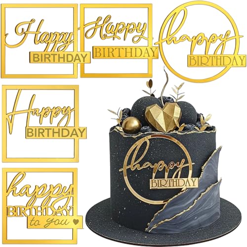 Happy Birthday Tortendeko Geburtstag Kuchen Deko Spiegel Gold Acryl Tortenaufleger Torten Deko Happy Birthday Cake Topper Kuchendeko Geburtstagsdeko Cupcake Topper Cake Decoration Torten Zubehör, 5pcs von RUIYDZ