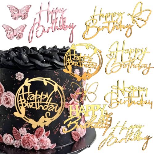 Happy Birthday Tortendeko Geburtstag Tortenaufleger Acryl Schmetterling Happy Birthday Cake Topper Kuchen Deko Geburtstagsdeko Gold Cake Toppers Torten Deko Kuchendeko Cake Decoration Party Zubehör von RUIYDZ