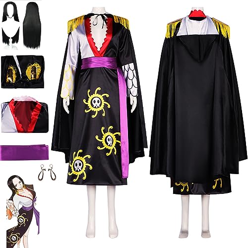 Anime One Piece Boa Hancock Fasching Verkleidung mit Perücke Ohrstecker, Schwarz Einmantel Gewand komplett Set Outfit, Frauen Mädchen Halloween Up Anzug,Black,S von RUIZE