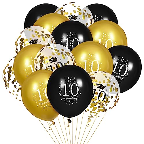 RUMIA 10. Geburtstag Luftballons, 15 Stück Schwarz-Gold 10. Geburtstag Ballons für Jungen Mädchen Schwarz-Gold 10. Geburtstag Party Dekorationen Luftballons, A78121N von RUMIA