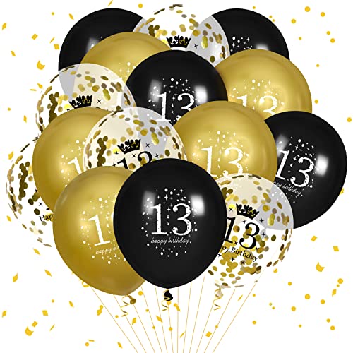 13. Geburtstag Luftballons, 15 Stück Schwarz-Gold 13. Geburtstag Ballons für Jungen Mädchen Schwarz-Gold 13. Geburtstag Party Dekorationen Luftballons von RUMIA