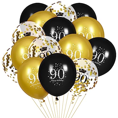 RUMIA Luftballons 90. Geburtstag, 15 Stück Schwarz Gold Happy 90. Geburtstag Luftballons Schwarz Gold 90. Geburtstag Partydekoration für Männer Frauen 90. Geburtstag Jubiläumsdekor von RUMIA