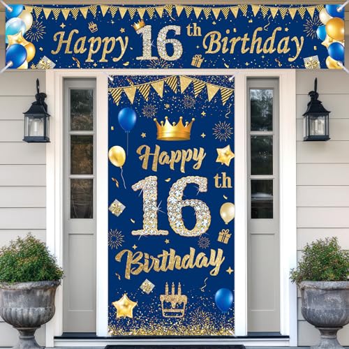 16.Geburtstagsdeko Banner,Navy Blau Gold 16.Geburtstag Deko für 16 Jahre Jungen Mädchen 16th Birthday Geburtstags Türbanner Hintergrund Geburtstagsbanner,zum 16 Jubiläum Geburtstag Party Dekoration von RUMIA