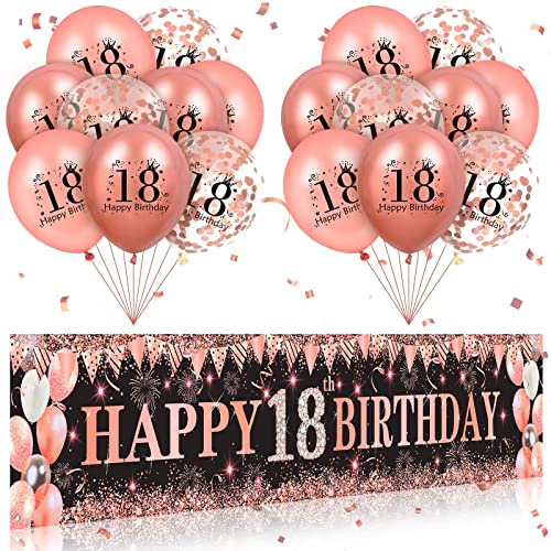 18th Geburtstag Dekorationen für Mädchen, Black Rose Gold Happy 18th Geburtstag Yard Banner und 18PCS Rose Gold 18th Geburtstag Ballons für Mädchen Frauen 18 Jahre alte Party Supplies von Buosha