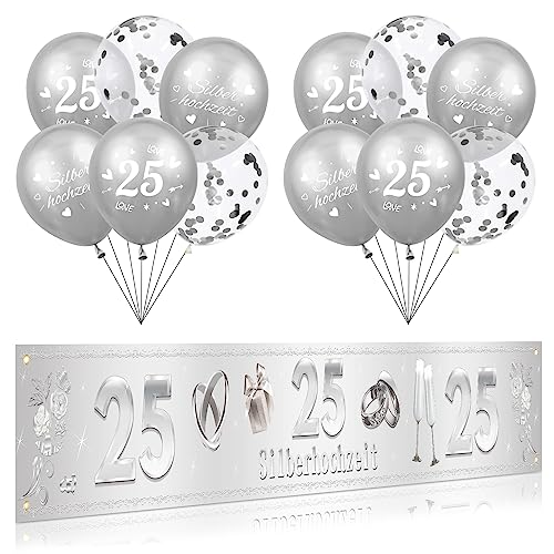 RUMIA 25. Silberhochzeit Dekorationen 25. Silberhochzeit Yard Banner und Silberhochzeit Luftballons für 25. Silberhochzeit Party Dekorationen Zubehör(Stil-B) von RUMIA