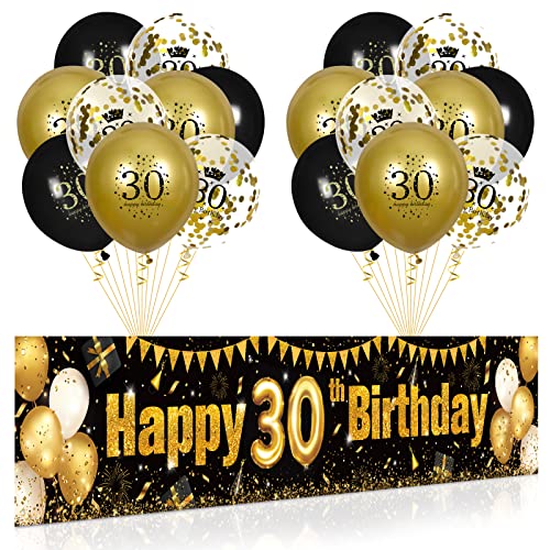 30. Geburtstag Deko für Mann Fraue Schwarzes Gold, Luftballons 30. Geburtstag Party Schwarz Gold Banner und 18 PCS 30. Happy Birthday Konfetti Ballons für Deko 30 Jubiläum Geburtstagsparty Dekoration von RUMIA