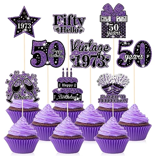 36PCS lila 50. Geburtstag Cupcake Toppers Dekorationen lila Vintage 1973 Kuchen Topper Centerpieces Fabulous Cupcake Picks Prost auf 50 Jahre Kuchen-Dekor für 50 Jahre Geburtstag Jubiläum Zubehör von RUMIA