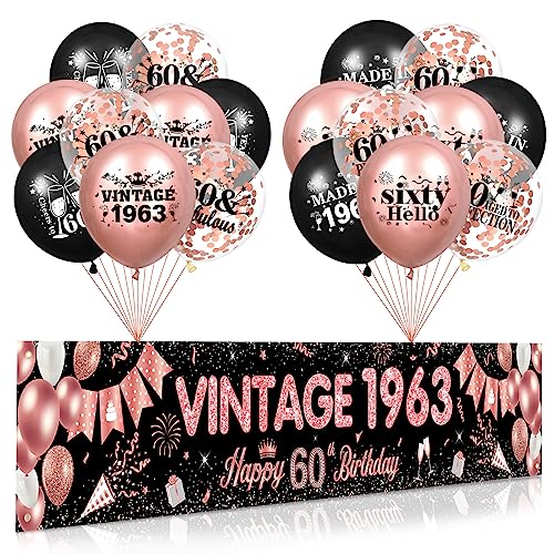 RUMIA 60 Geburtstag Dekorationen für Frauen Roségold Alles Gute zum 60. Geburtstagsbanner 18 Stück Luftballons zum 60. Geburtstag Vintage 1963 Yard Banner für Partyzubehör zum 60. Geburtstag von RUMIA