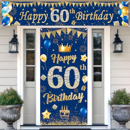 60.Geburtstagsdeko Banner,Navy Blau Gold 60.Geburtstag Deko für 60 Jahre Männer Frauen 60th Birthday Geburtstags Türbanner und Hintergrund Geburtstagsbanner,zum 60 Jubiläum Geburtstag Party Dekoration von RUMIA