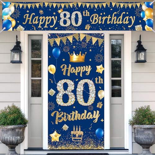 80.Geburtstagsdeko Banner,Navy Blau Gold 80.Geburtstag Deko für 80 Jahre Männer Frauen 80th Birthday Geburtstags Türbanner und Hintergrund Geburtstagsbanner,zum 80 Jubiläum Geburtstag Party Dekoration von RUMIA