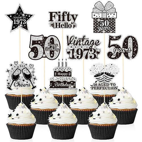 36PCS Schwarz Silber 50. Geburtstag Cupcake Toppers Dekorationen Vintage 1973 Cake Topper Centerpieces Fabulous Cupcake Picks Cheers to 50 Years Cake Decor für 50th Birthday Anniversary Party Supplies von RUMIA