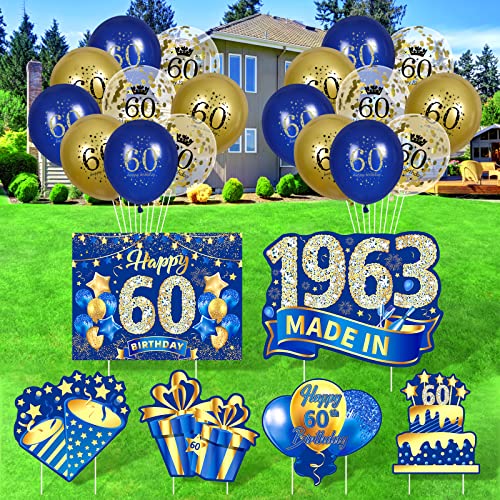 Blaue 60. Geburtstag Dekorationen für Männer Frauen 6Pcs Marineblau Gold glückliche 60. Geburtstag Hof Zeichen mit Pfählen und 18Pcs Ballons 1963 Rasen Zeichen für 60th Birthday Party Supplies von RUMIA