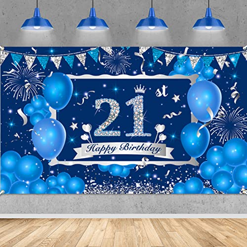 Blauer 21. Geburtstag Dekorationen Banner für Männer Frauen, Marineblau Silber Happy 21. Geburtstag Banner Hintergrund, Blaue 21. Geburtstag Party Dekorationen Zubehör für Männer Frauen von RUMIA