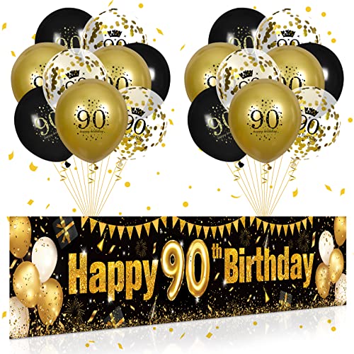 90. Geburtstag Party Deko für Mann Fraue Schwarzes Gold, Luftballons 90. Geburtstag Schwarz Gold Banner und 18 PCS 90. Happy Birthday Konfetti Ballons für Deko 90 Jubiläum Geburtstagsparty Dekoration von RUMIA