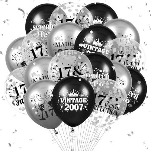 Luftballon 17. Geburtstag Deko 18 Stück Schwarz Silber Vintage Ballons-17 Jahre Geburtstagsdeko Happy 2007 Birthday Deko Konfetti Ballon für Jungen Mädchen 17. Jubiläum Geburtstag Party Dekoration von RUMIA