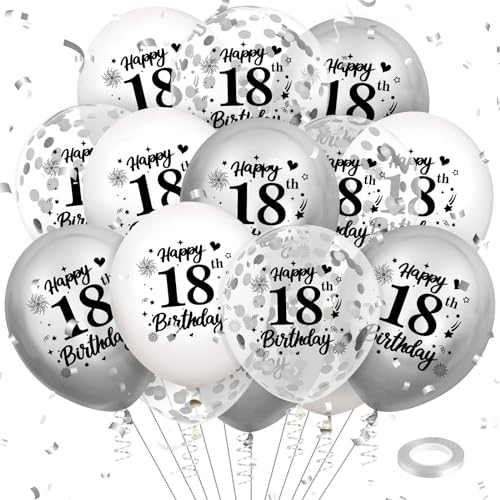 Luftballon 18. Geburtstag Deko 18 Stück Weiß Silber Ballons-18 Jahre Geburtstagsdeko Happy Birthday Deko Latex Konfetti Ballon für Männer Frauen 18. Jubiläum Geburtstag Party Dekoration 12Zoll von RUMIA