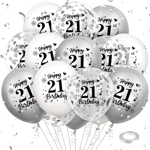 Luftballon 21. Geburtstag Deko 18 Stück Weiß Silber Ballons - 21 Jahre Geburtstagsdeko Happy Birthday Deko Latex Konfetti Ballon für Männer Frauen 21. Jubiläum Geburtstag Party Dekoration 12Zoll von RUMIA