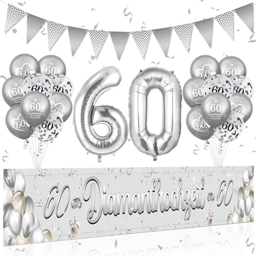 RUMIA 60.Diamantene Hochzeit Deko, Silber 60. Diamant Hochzeit Banner und Silber 60 diamantenen Hochzeit Luftballon für Innen Außen Diamantene Hochzeit Jahrestag Dekoration von ZYZYZK