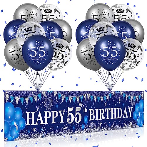 RUMIA Blau 55. Geburtstag Dekoration für Männer Frauen, Marineblau Silber 55. Geburtstag Banner, Blau 55. Geburtstag Luftballons für 55. Jahrestag Party Dekorationen von RUMIA