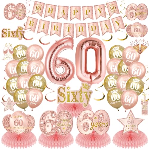 Rose Gold 60. Geburtstag Dekorationen für Frauen, 44Pcs alles Gute zum 60. Geburtstag Banner Ballons Honeycomb Centerpiece hängenden wirbelt Kit für sechzig Jahre alt Geburtstag Party Supplies Decor von RUMIA