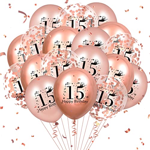 Rose Gold 15. Geburtstag Ballons Dekorationen 18 Stück alles Gute zum 15. Geburtstag Ballons Konfetti Ballons Rose Gold 15. Geburtstag Party Ballons für Mädchen Jungen 15. Geburtstag Zubehör 12 Zoll von RUMIA