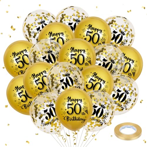 Goldene Luftballons zum 50. Geburtstag, 18 Stück, Partydekorationen zum 50. Geburtstag für Jungen und Mädchen, 12 Zoll große Konfetti-Luftballons zum 50. Geburtstag für Partyzubehör zum 50. Geburtstag von RUMIA